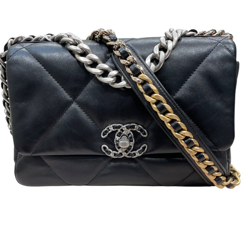 CHANEL 香奈兒 19 鍊條肩背包 油蠟皮 黑色 銀釦-0