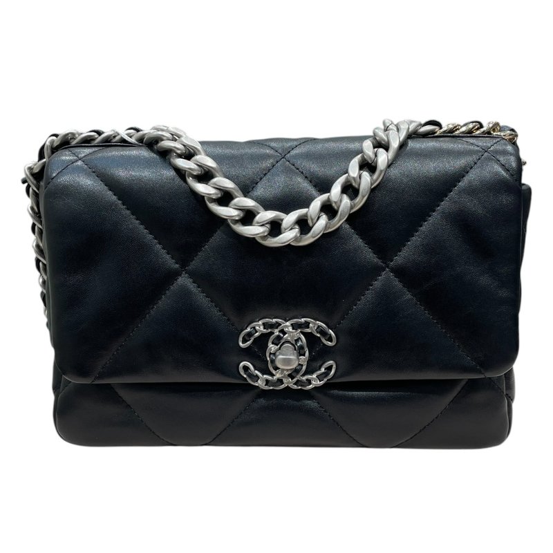 CHANEL 香奈兒 19 鍊條肩背包 油蠟皮 黑色 銀釦-1