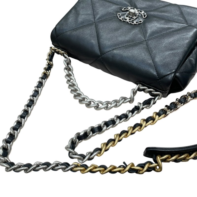 CHANEL 香奈兒 19 鍊條肩背包 油蠟皮 黑色 銀釦-10