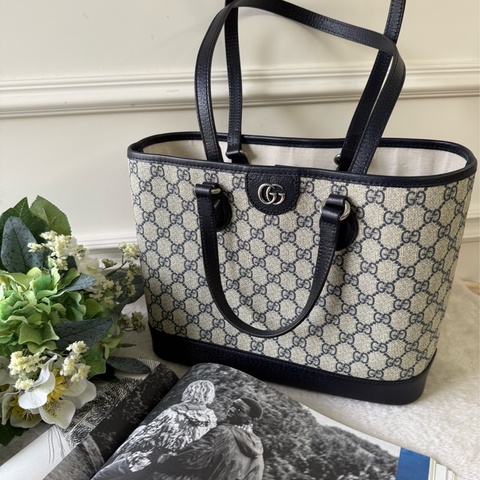 Ophidia GG 塗層帆布中款手提/肩背二用托特包(黑藍色)