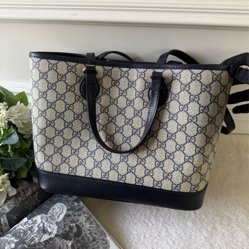 Ophidia GG 塗層帆布中款手提/肩背二用托特包(黑藍色)-3