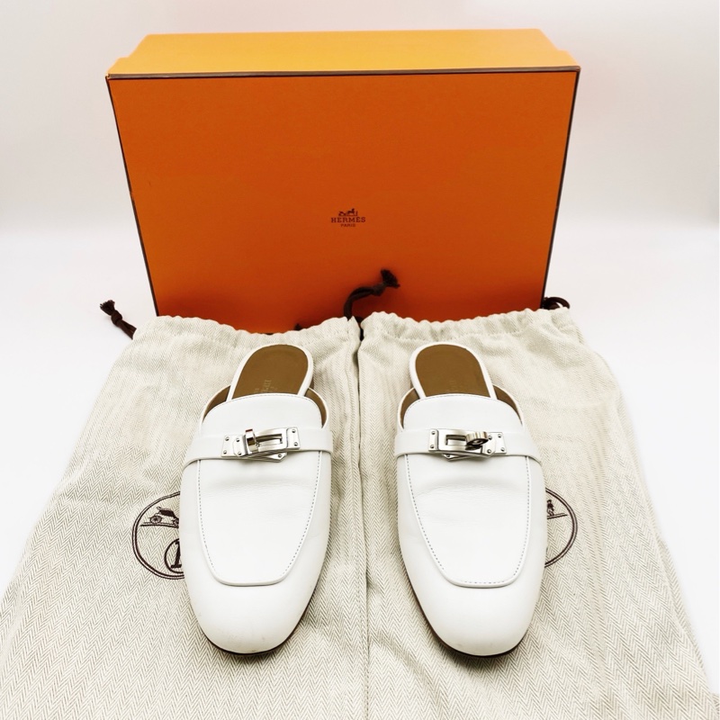 Hermes愛馬仕半拖鞋銀扣白色穆勒拖鞋kelly扣 36.5附件：塵袋-0