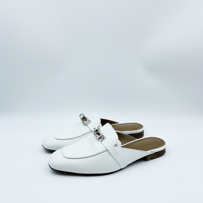 Hermes愛馬仕半拖鞋銀扣白色穆勒拖鞋kelly扣 36.5附件：塵袋-1