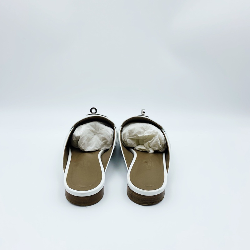 Hermes愛馬仕半拖鞋銀扣白色穆勒拖鞋kelly扣 36.5附件：塵袋-2