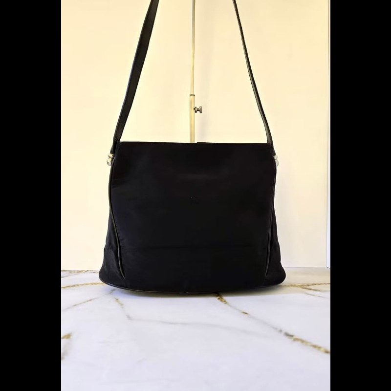 【LA LUNE】稀有中古包 Loewe黑色銀雕刻扣拼皮流浪包 側背包 單肩包 二手包-4