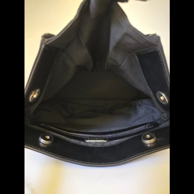 【LA LUNE】稀有中古包 Loewe黑色銀雕刻扣拼皮流浪包 側背包 單肩包 二手包-5