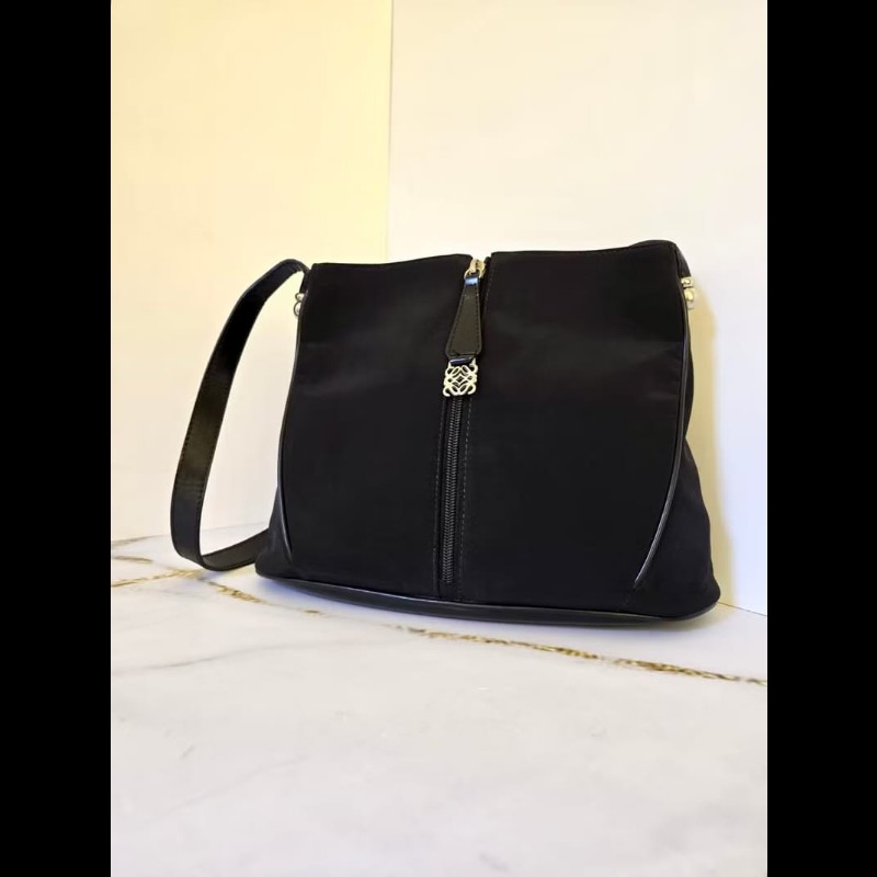 【LA LUNE】稀有中古包 Loewe黑色銀雕刻扣拼皮流浪包 側背包 單肩包 二手包-7