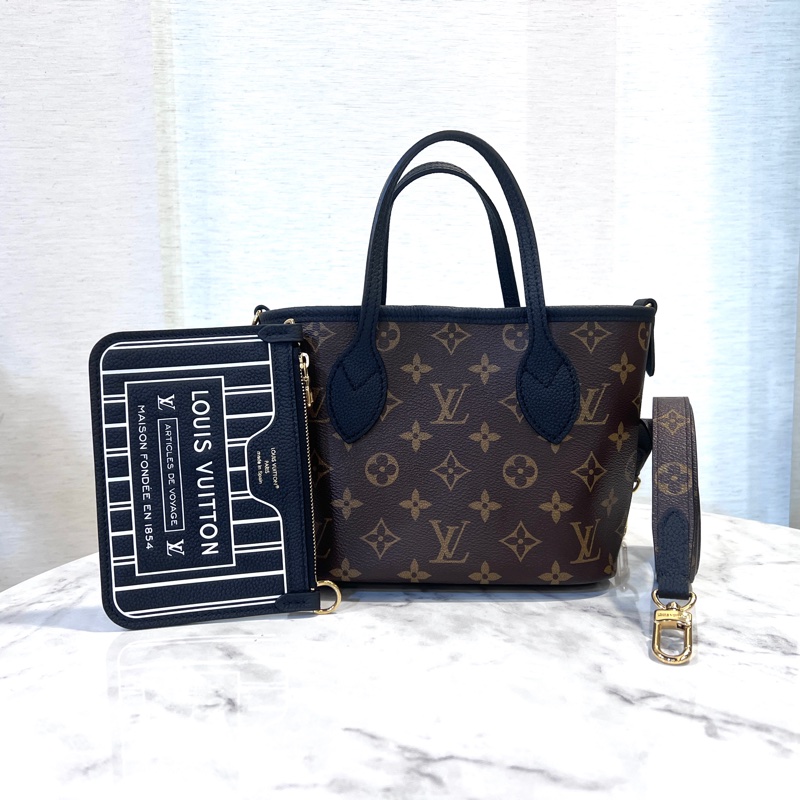 LV 原花拼黑牛皮雙面金釦Neverfull Inside Out BB-0