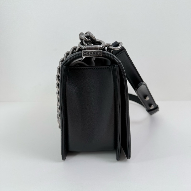 CHANEL/香奈兒 Leboy 黑色中號菱格做舊銀扣 雙C logo單肩斜挎包-2