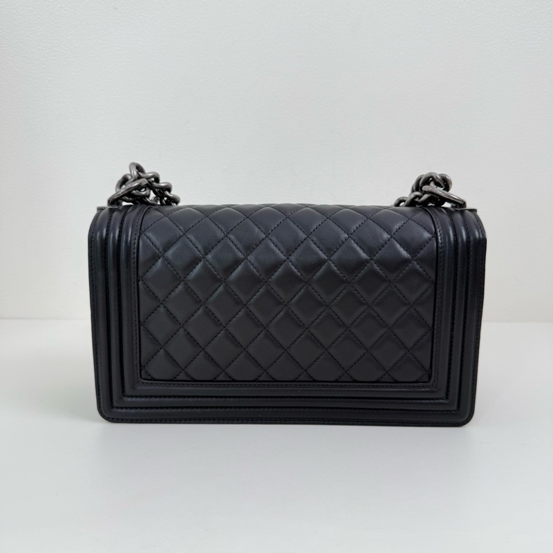 CHANEL/香奈兒 Leboy 黑色中號菱格做舊銀扣 雙C logo單肩斜挎包-4