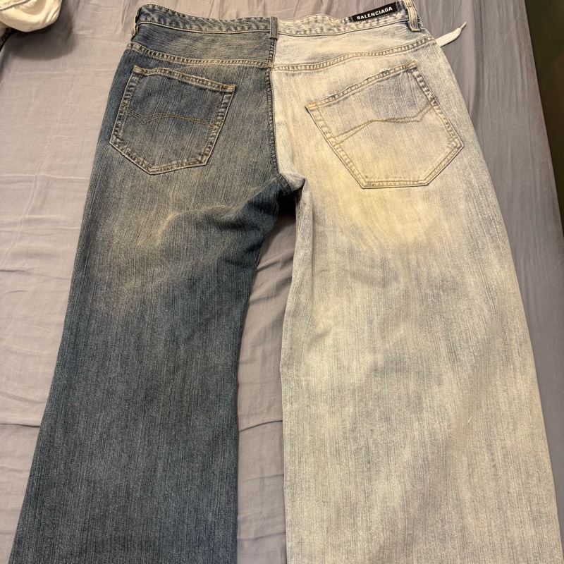 全新 M號 巴黎世家50-50做舊 左baggy右彎刀雙拼牛仔褲 oversized 版型-6