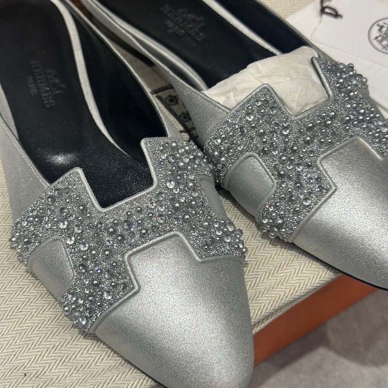 閒置新 未使用 Hermes愛馬仕 銀色水晶細節H造型平底鞋包頭拖鞋 女款  35碼-1