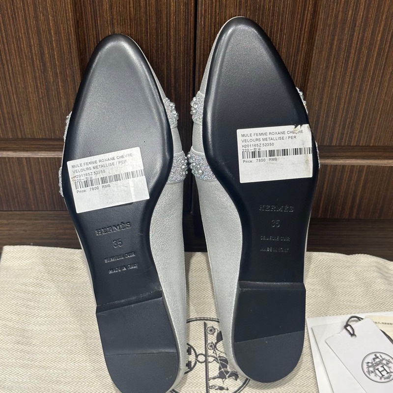 閒置新 未使用 Hermes愛馬仕 銀色水晶細節H造型平底鞋包頭拖鞋 女款  35碼-5