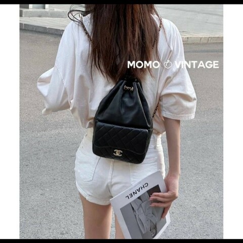 CHANEL 香奈兒 黑色羊皮金扣抽繩後背包 🈶台灣購證正本
