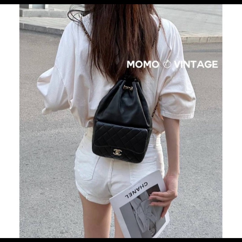 CHANEL 香奈兒 黑色羊皮金扣抽繩後背包 🈶台灣購證正本-0