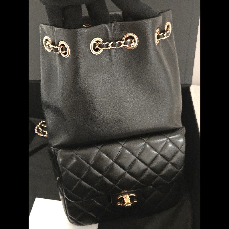 CHANEL 香奈兒 黑色羊皮金扣抽繩後背包 🈶台灣購證正本-8
