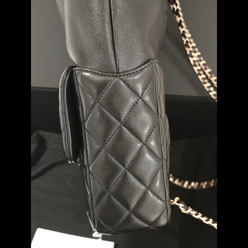 CHANEL 香奈兒 黑色羊皮金扣抽繩後背包 🈶台灣購證正本-13