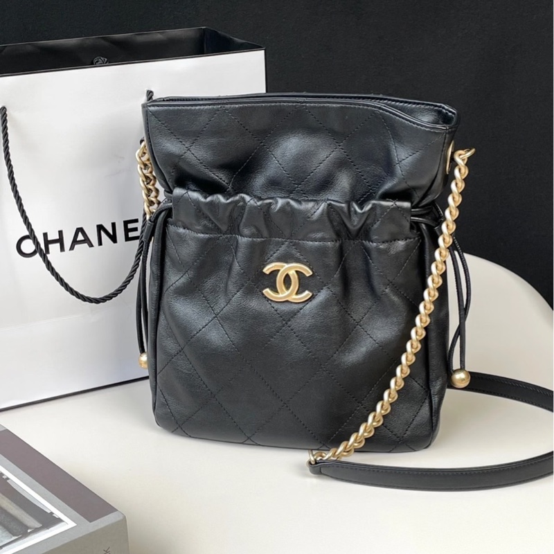 全新全配❤️晶片❤️ 香奈兒 #黑金 #小福袋 #水桶包 #抽繩水桶-0