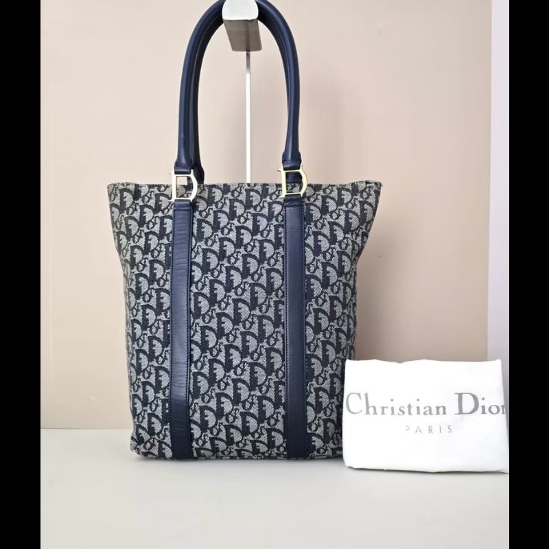 【LA LUNE】絕版中古包 Dior藍灰色老花托特包 單肩包 側背包 古董包 復古包-0