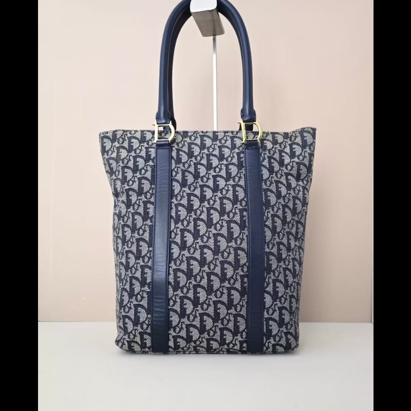 【LA LUNE】絕版中古包 Dior藍灰色老花托特包 單肩包 側背包 古董包 復古包-2