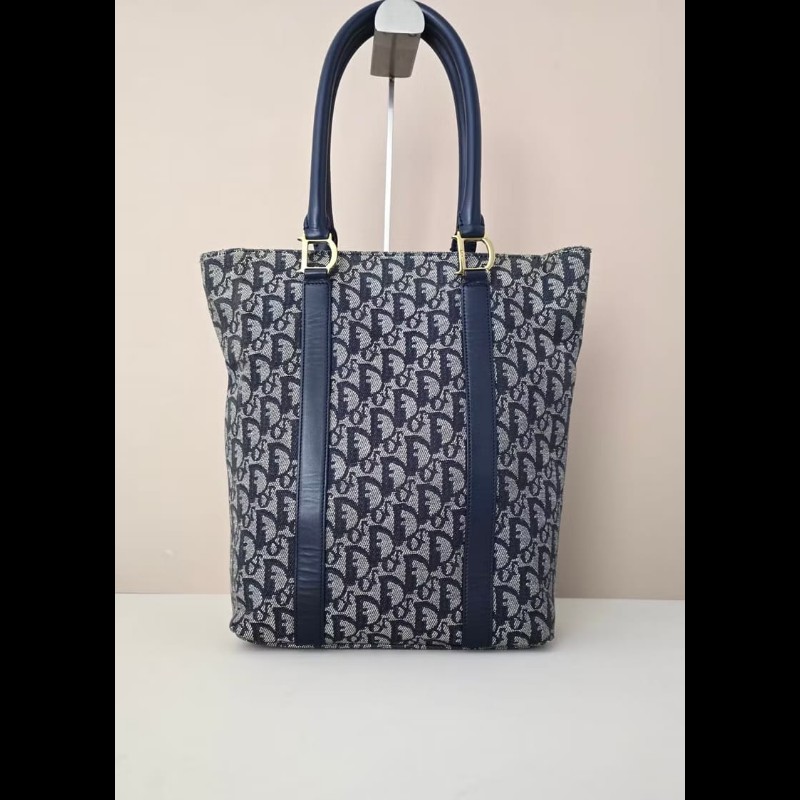 【LA LUNE】絕版中古包 Dior藍灰色老花托特包 單肩包 側背包 古董包 復古包-3