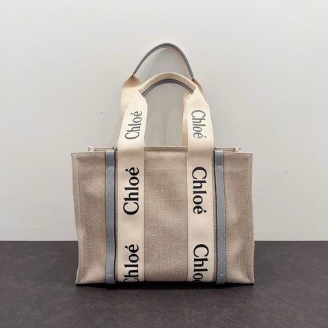 Chloe蔻依 Woody系列米色棉質帆布拼灰藍色牛皮Tote