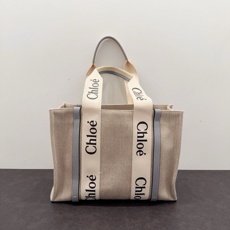 Chloe蔻依 Woody系列米色棉質帆布拼灰藍色牛皮Tote-1