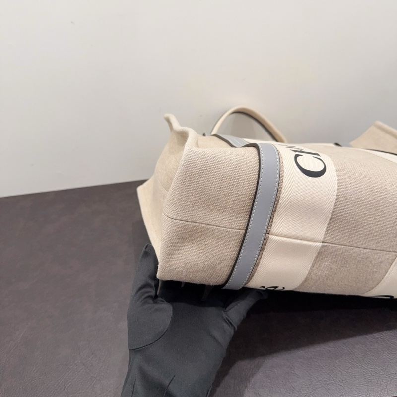 Chloe蔻依 Woody系列米色棉質帆布拼灰藍色牛皮Tote-2