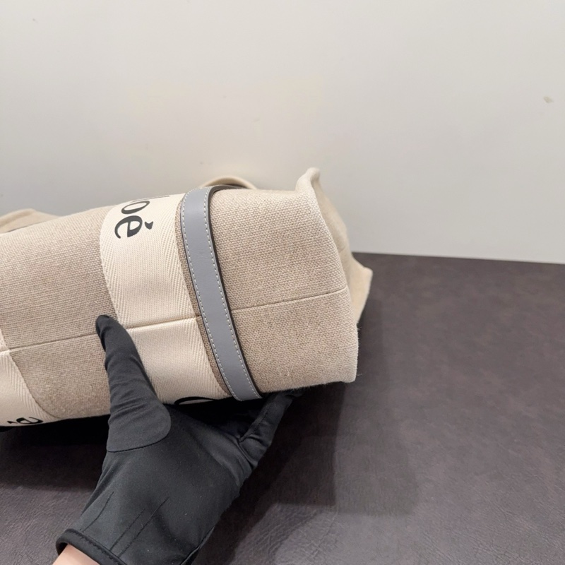 Chloe蔻依 Woody系列米色棉質帆布拼灰藍色牛皮Tote-3