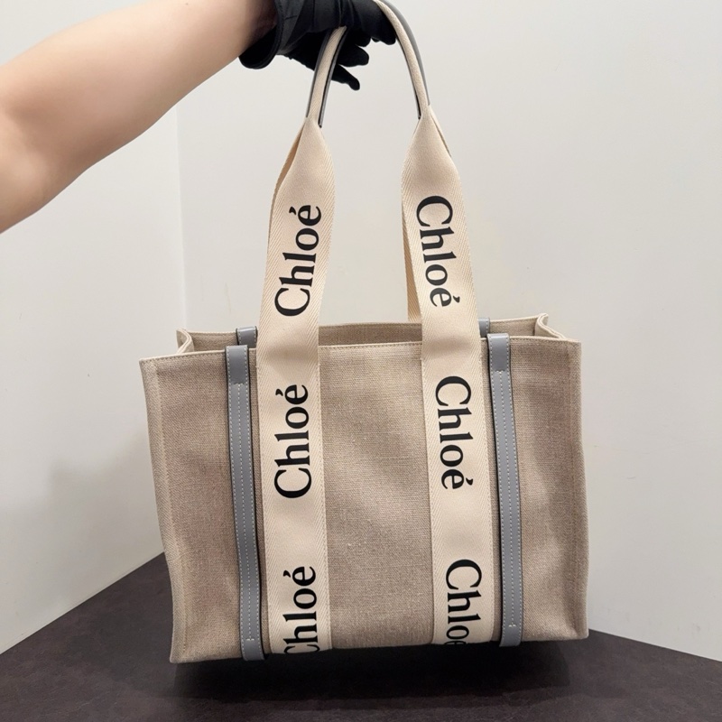 Chloe蔻依 Woody系列米色棉質帆布拼灰藍色牛皮Tote-5