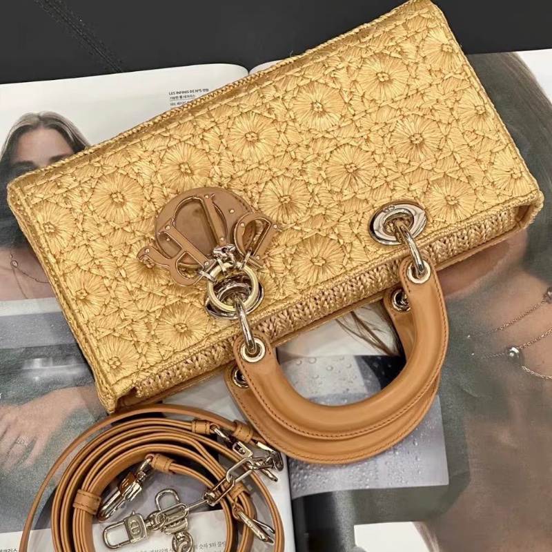 Dior 限量草編藤格紋花卉 橫版黛妃包26*5*14  99新配件塵袋盒子肩帶-3