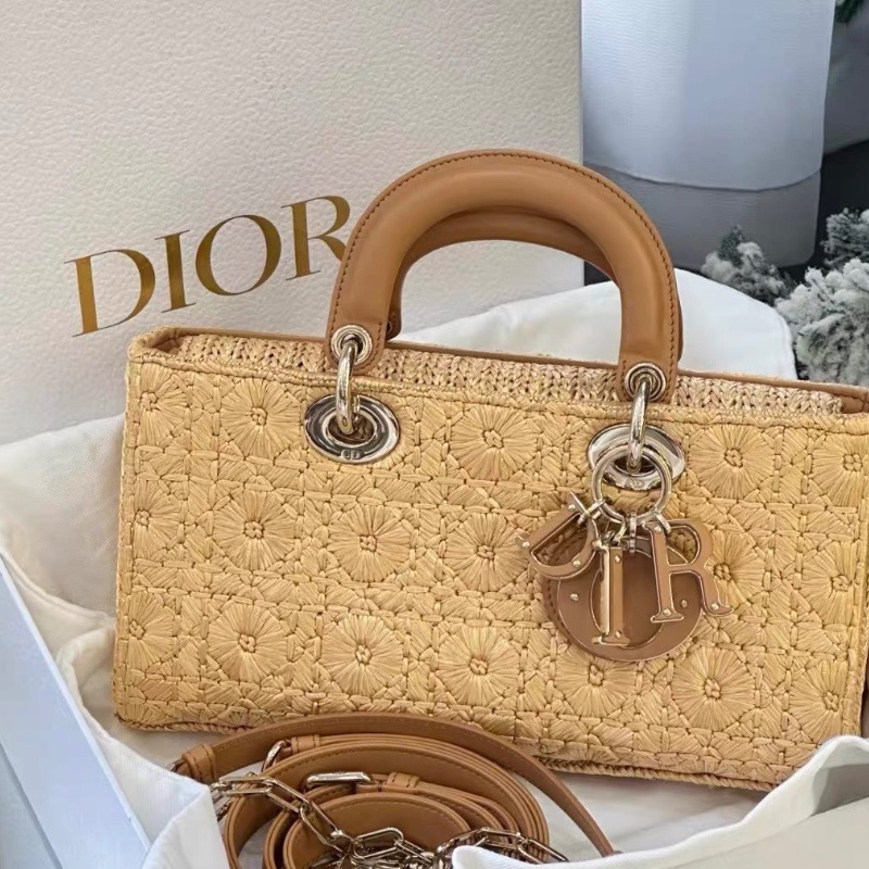 Dior 限量草編藤格紋花卉 橫版黛妃包26*5*14  99新配件塵袋盒子肩帶-4