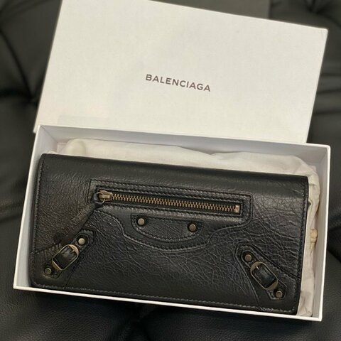 💎Han's house精品服飾💎BALENCIAGA 巴黎世家 黑色 山羊皮 爆裂紋 掀蓋 機車 長夾