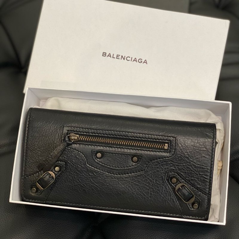 💎Han's house精品服飾💎BALENCIAGA 巴黎世家 黑色 山羊皮 爆裂紋 掀蓋 機車 長夾-0