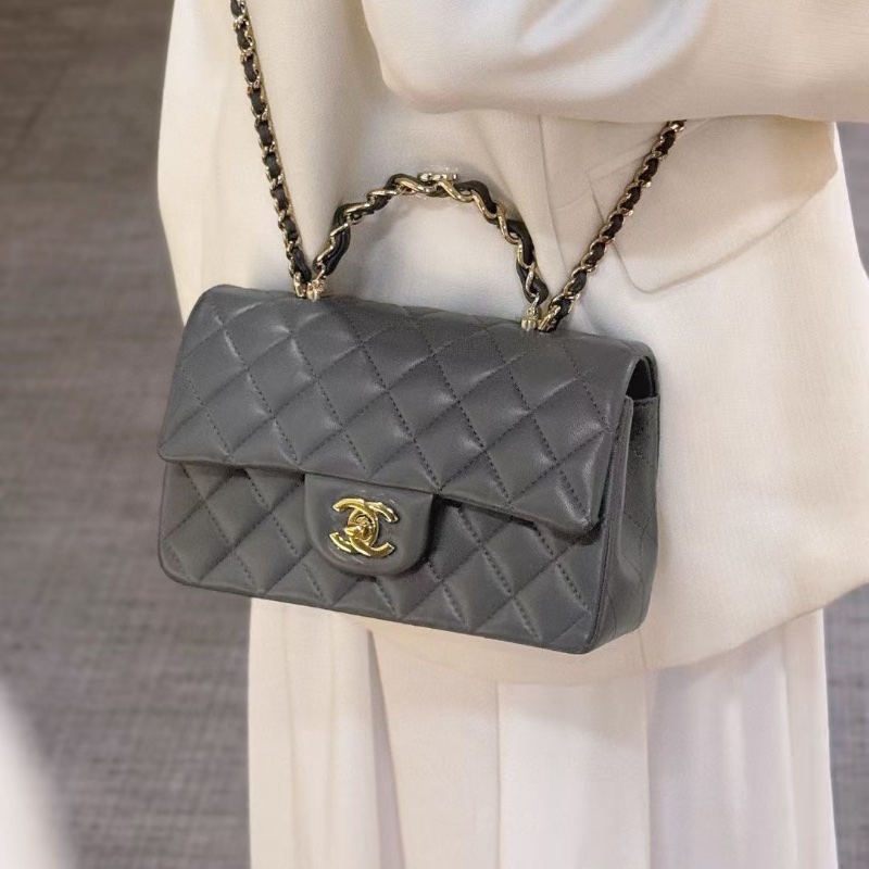Chanel 深灰 雙C手柄 大mini 芯片款 20*13cm 99新配件盒子塵袋-0