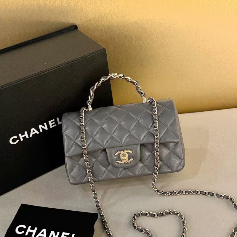 Chanel 深灰 雙C手柄 大mini 芯片款 20*13cm 99新配件盒子塵袋-1