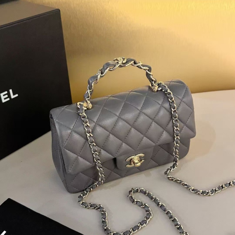 Chanel 深灰 雙C手柄 大mini 芯片款 20*13cm 99新配件盒子塵袋-5