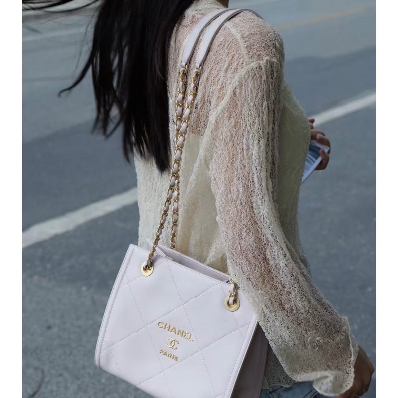 CHANEL 粉色金扣方格 托特包23*21*12 98新配件塵袋-0