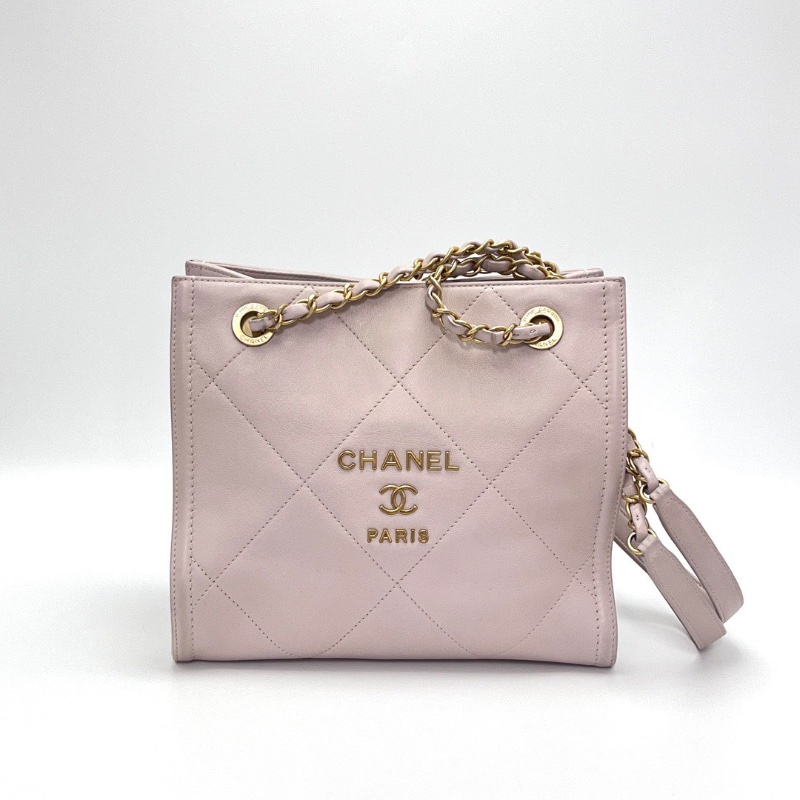 CHANEL 粉色金扣方格 托特包23*21*12 98新配件塵袋-1