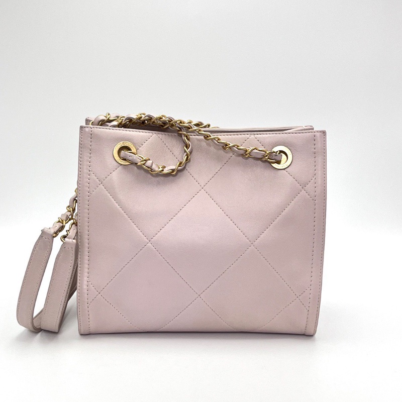 CHANEL 粉色金扣方格 托特包23*21*12 98新配件塵袋-6
