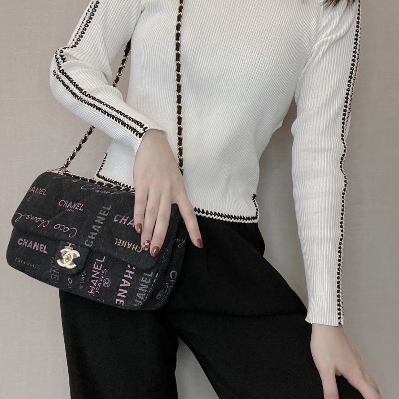 CHANEL CF黑色牛仔丹寧 塗鴉肩背斜背包21*13*7 98新配件塵袋-1