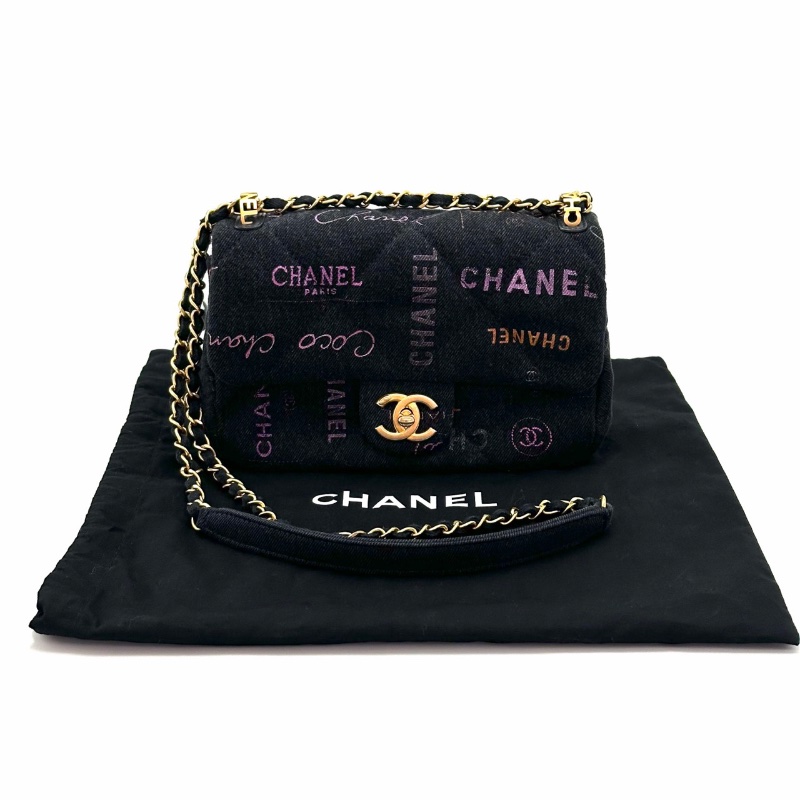 CHANEL CF黑色牛仔丹寧 塗鴉肩背斜背包21*13*7 98新配件塵袋-2