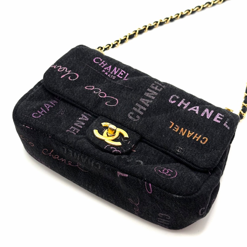 CHANEL CF黑色牛仔丹寧 塗鴉肩背斜背包21*13*7 98新配件塵袋-5
