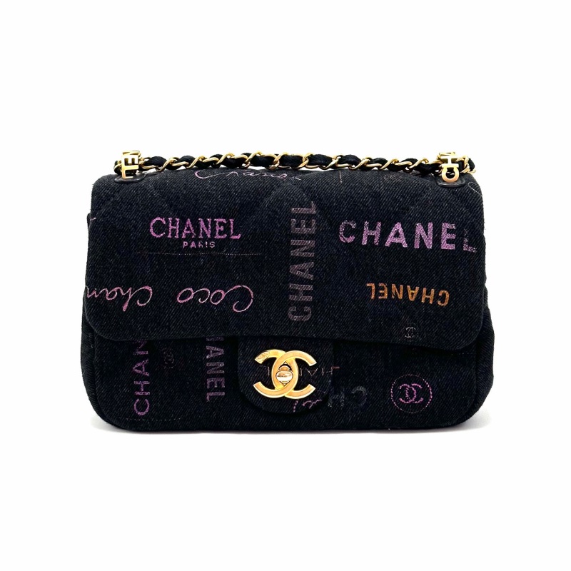 CHANEL CF黑色牛仔丹寧 塗鴉肩背斜背包21*13*7 98新配件塵袋-6
