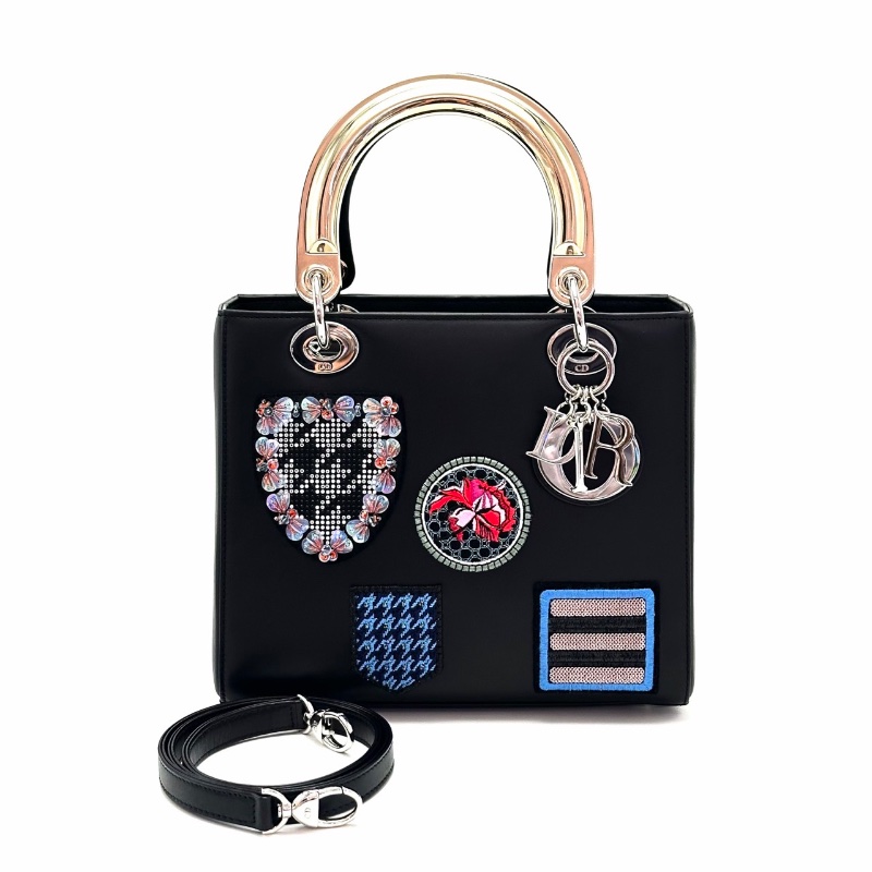 DIOR 黑色牛皮限量款刺繡徽章黛妃手提肩背包24*20*12 98新配件肩帶 塵袋-2