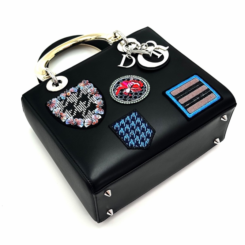 DIOR 黑色牛皮限量款刺繡徽章黛妃手提肩背包24*20*12 98新配件肩帶 塵袋-3
