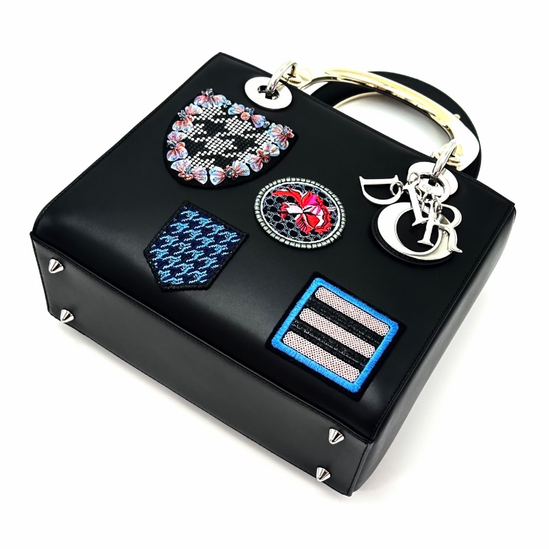 DIOR 黑色牛皮限量款刺繡徽章黛妃手提肩背包24*20*12 98新配件肩帶 塵袋-5