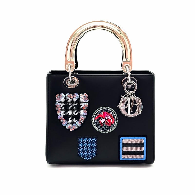 DIOR 黑色牛皮限量款刺繡徽章黛妃手提肩背包24*20*12 98新配件肩帶 塵袋-6