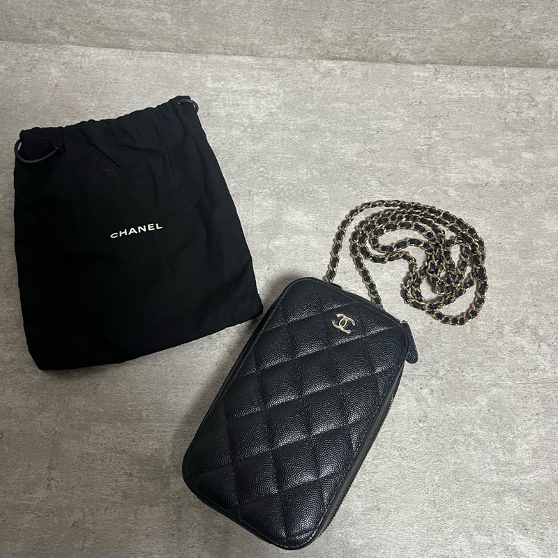 正品 Chanel 經典黑金荔枝牛皮手機包-0
