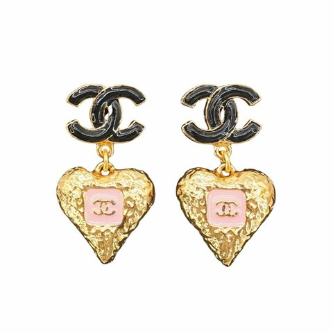 Chanel 展示品 黑雙C logo愛心耳環(粉/金)